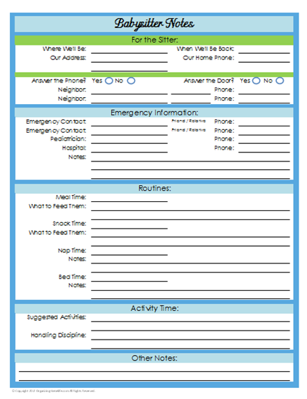31 Days Of Home Management Binder Printables Day 21 Babysitter Notes Organizing Homelife