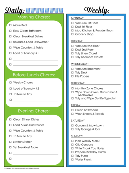 Daily Cleaning List Chart