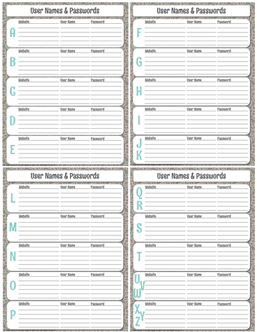 User Names & Passwords Free Printable