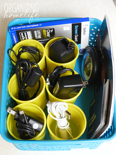 Organizing Charging Cords with Repurposed Playdoh Containers