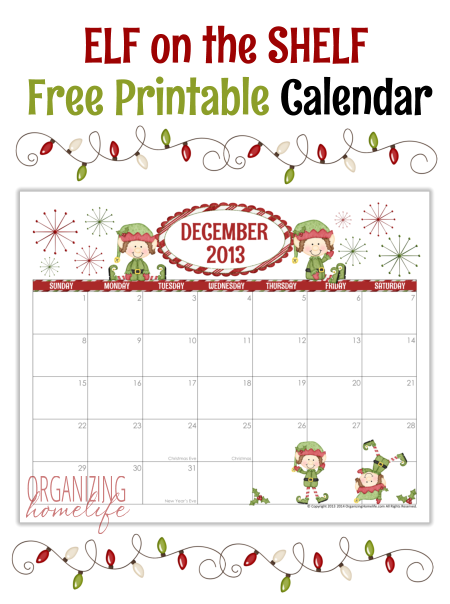 Elf on the Shelf Free Calendar Printable