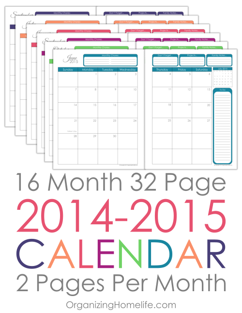 2014-2015 Printable Calendar via Organizing Homelife