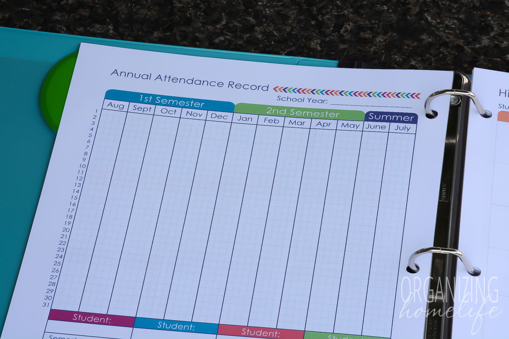 Homeschool Planner - Annual Attendance Record Option 1