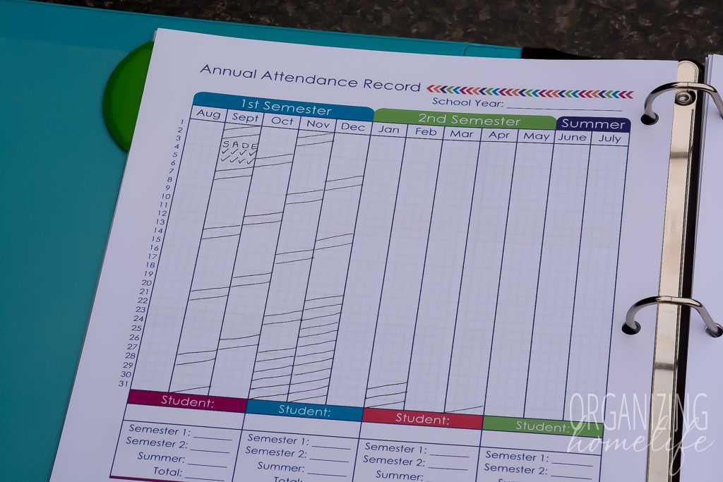 Homeschool Planner - Annual Attendance Record Sample