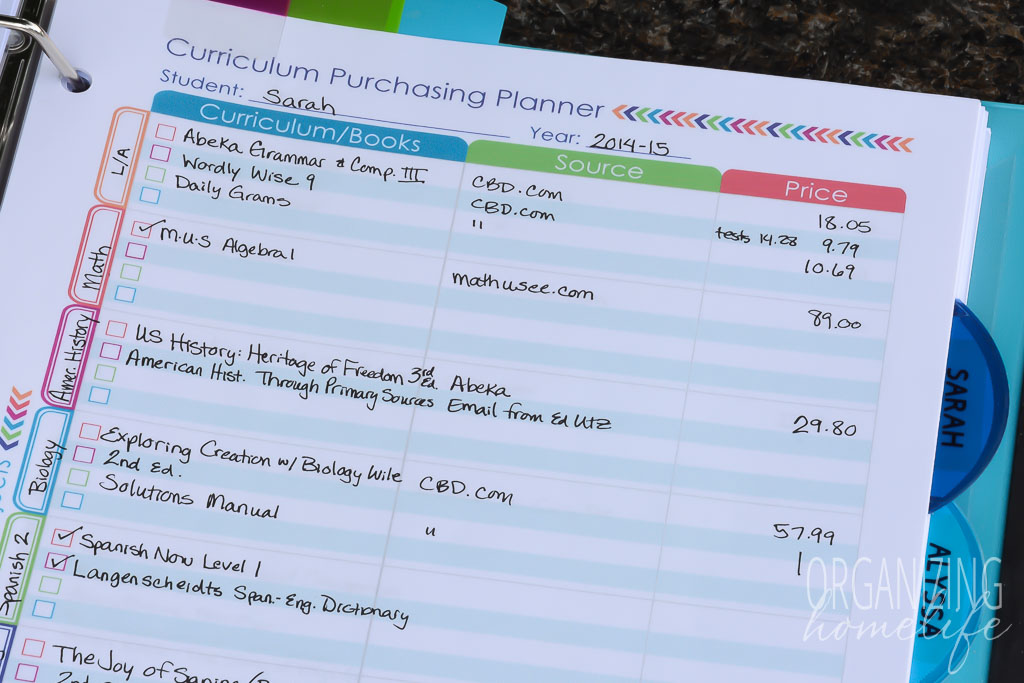 Homeschool Planner Curriculum Purchasing Planner