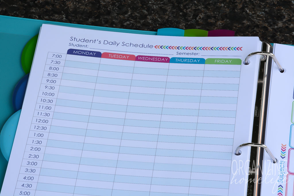 Homeschool Planner - Student's Daily Schedule Option 1