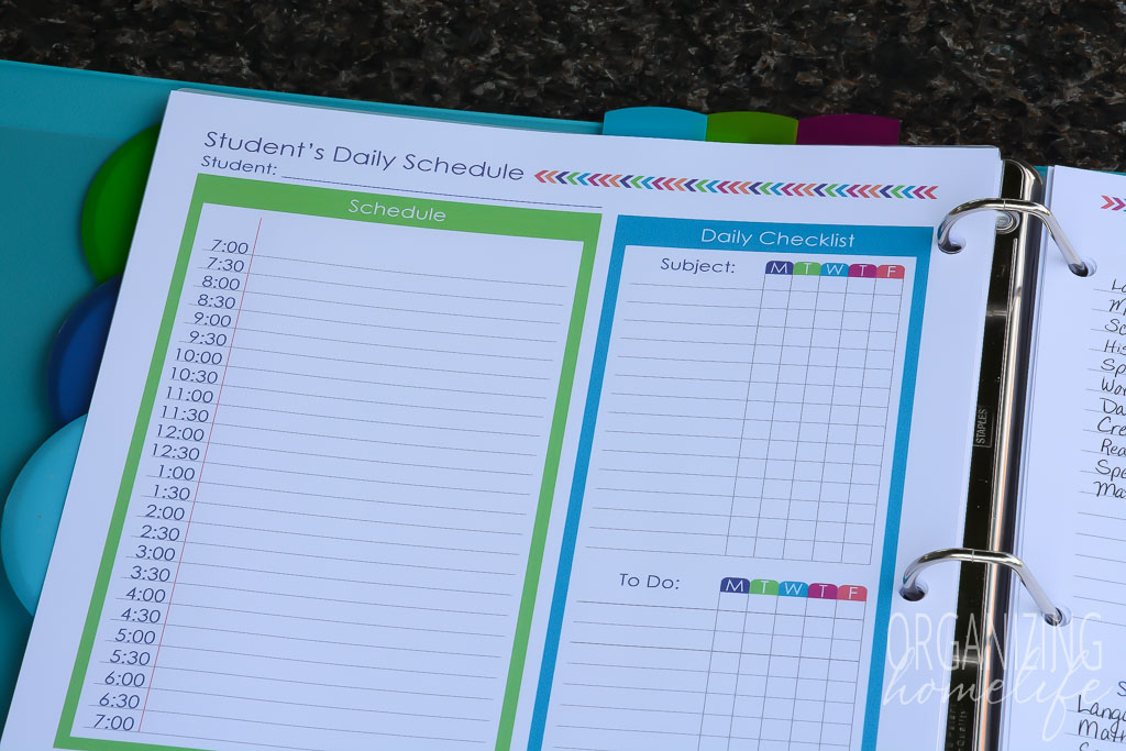 Homeschool Planner - Student's Daily Schedule Option 2