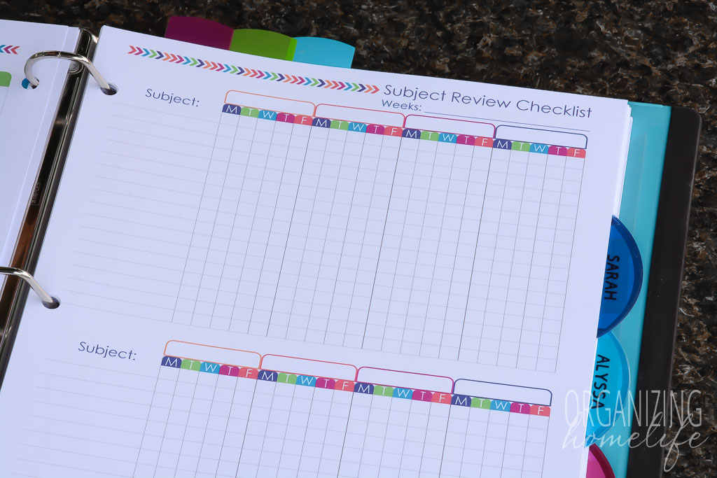 Homeschool Planner - Subject Review Checklist