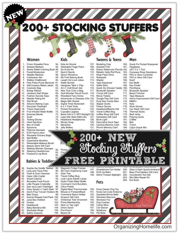 Brand new 2015 list of practical, useful, and FUN stocking stuffer ideas for men, women, teens, boys, girls, & pets. Free printable stocking stuffer ideas.