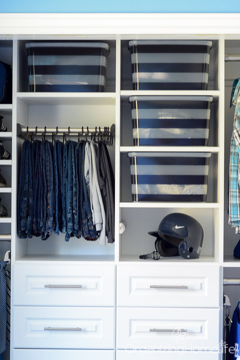 Slide Out Pants Rack and Bins in Boy's Closet