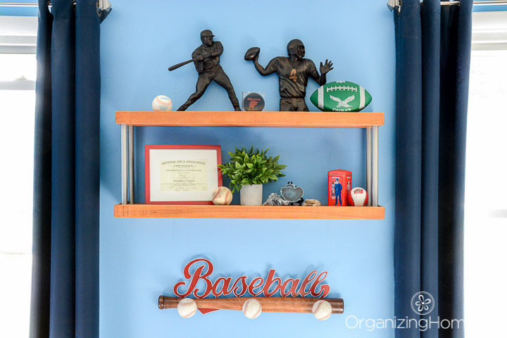 organized shelves in boys room