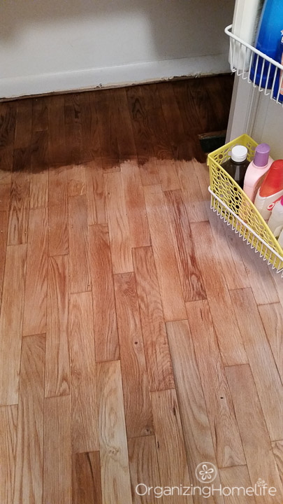 Hardwood floor refinishing - testing color in closet | Organizing Homelife
