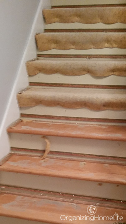 Removing old carpet pad from steps | Organizing Homelife