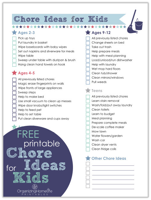Free Printable Chore Chart Idea List | Organizing Homelife
