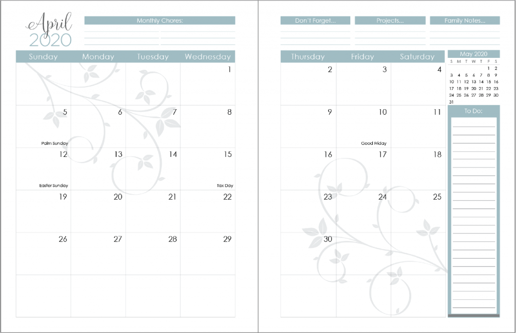2020 Printable Swirl Calendar