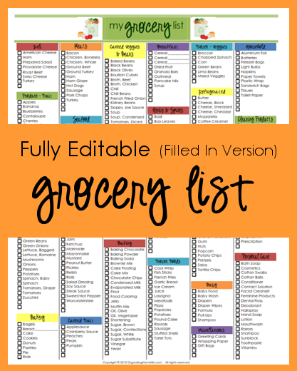 Editable Grocery List (Filled In Version) - Organizing Homelife