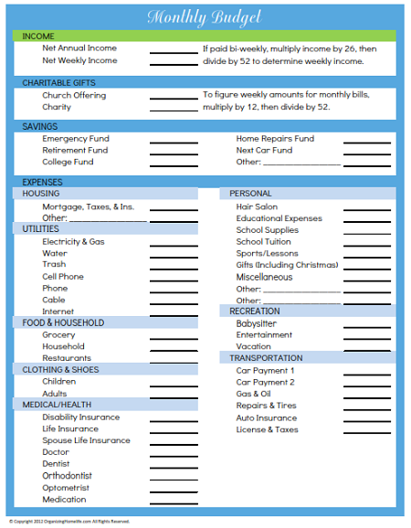 Editable Budget Worsheet - Organizing Homelife